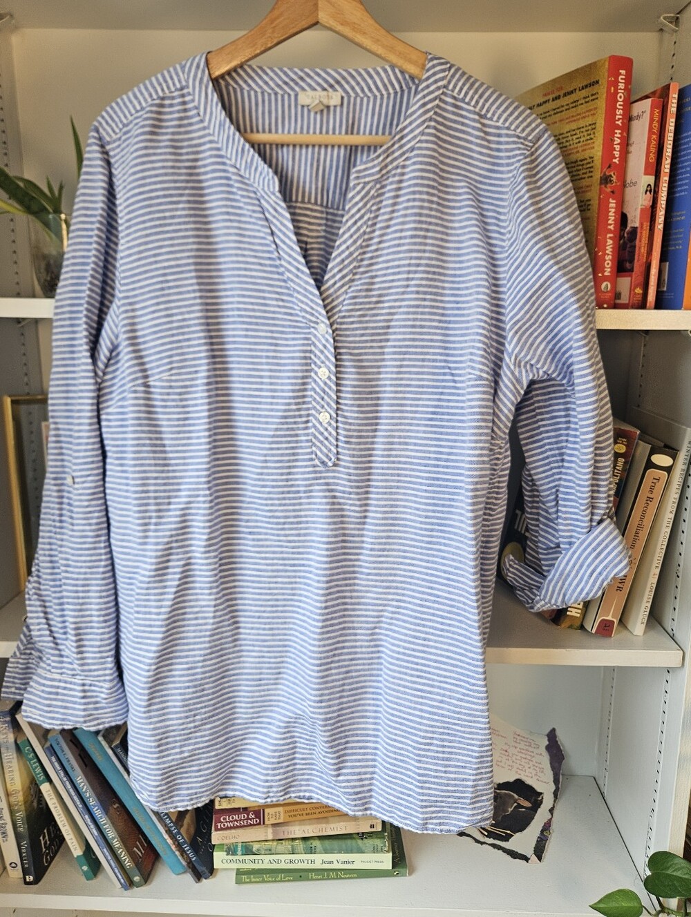 Talbots Light Linen Cotton Blend Blue White Striped Henley Tunic Sz XL Nautical